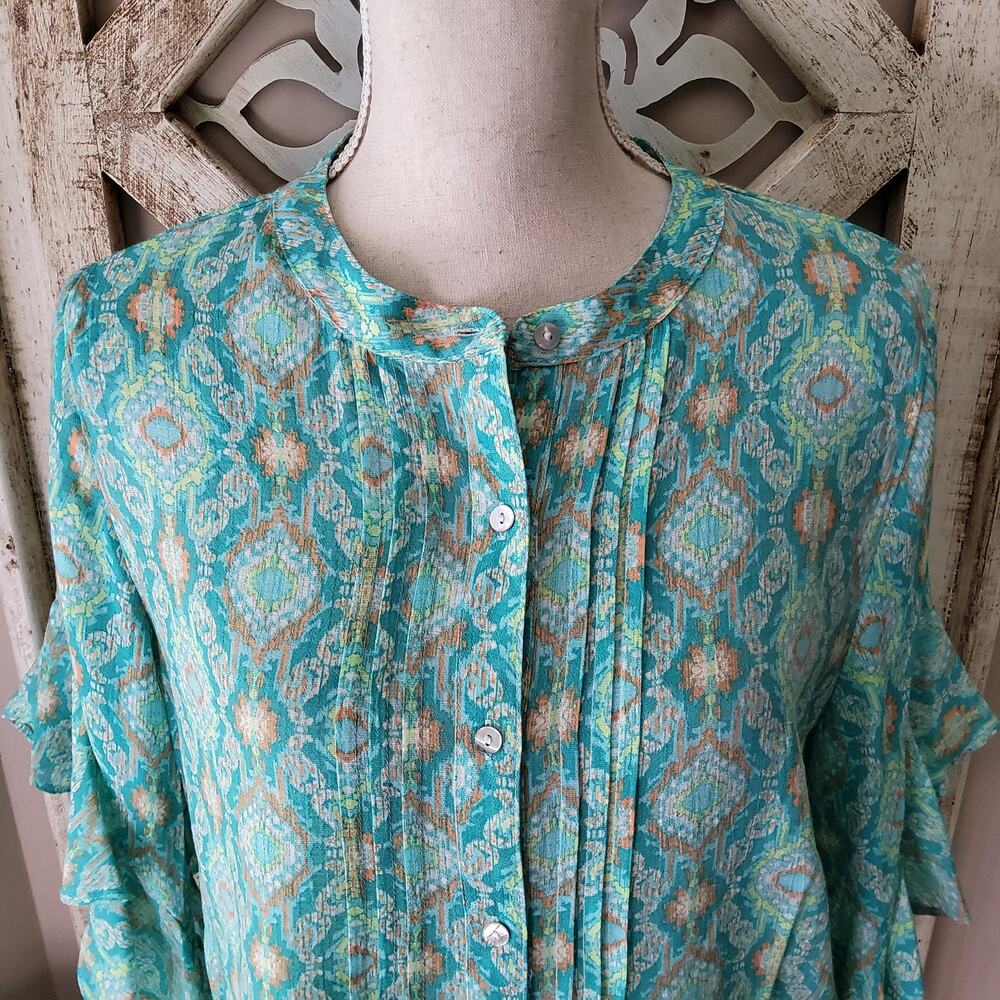 Ruby Rd Ikat Ruffle Sleeve Blouse Small Boho Retro Lightweight Top - Picture 4 of 12